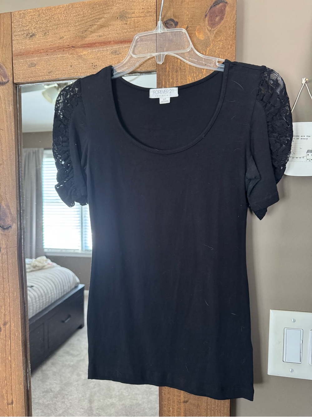 Forever 21 Black Scoop Neck Top with Lace Short Sleeves